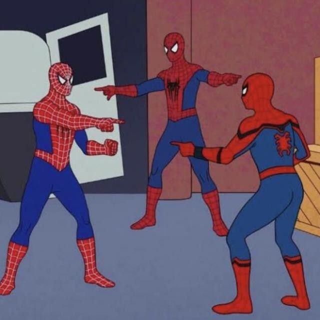 Three Spider-Men pointing at each other